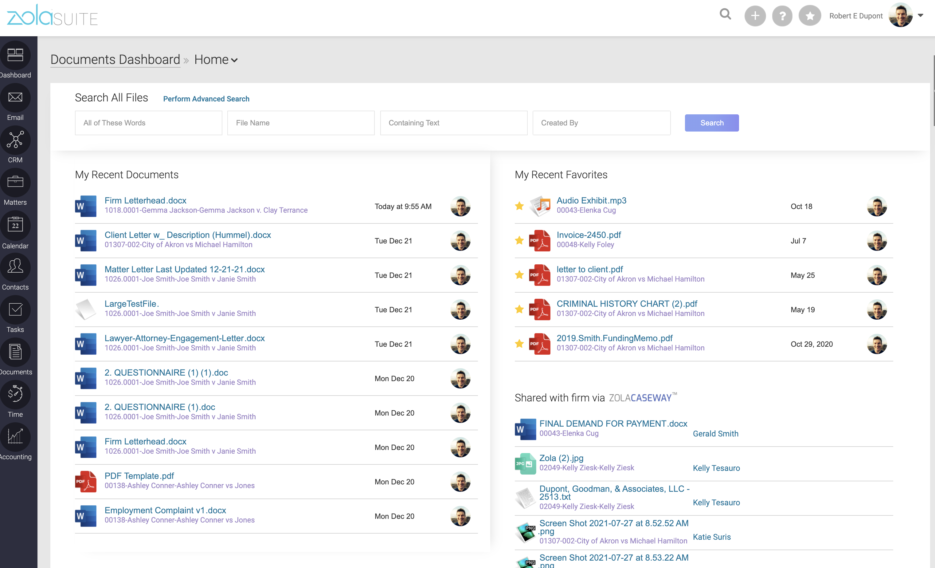 document dashboard in CARET Legal