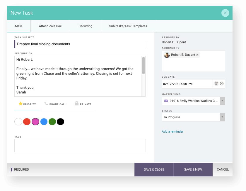 CARET Legal task manager preparing to close out a task