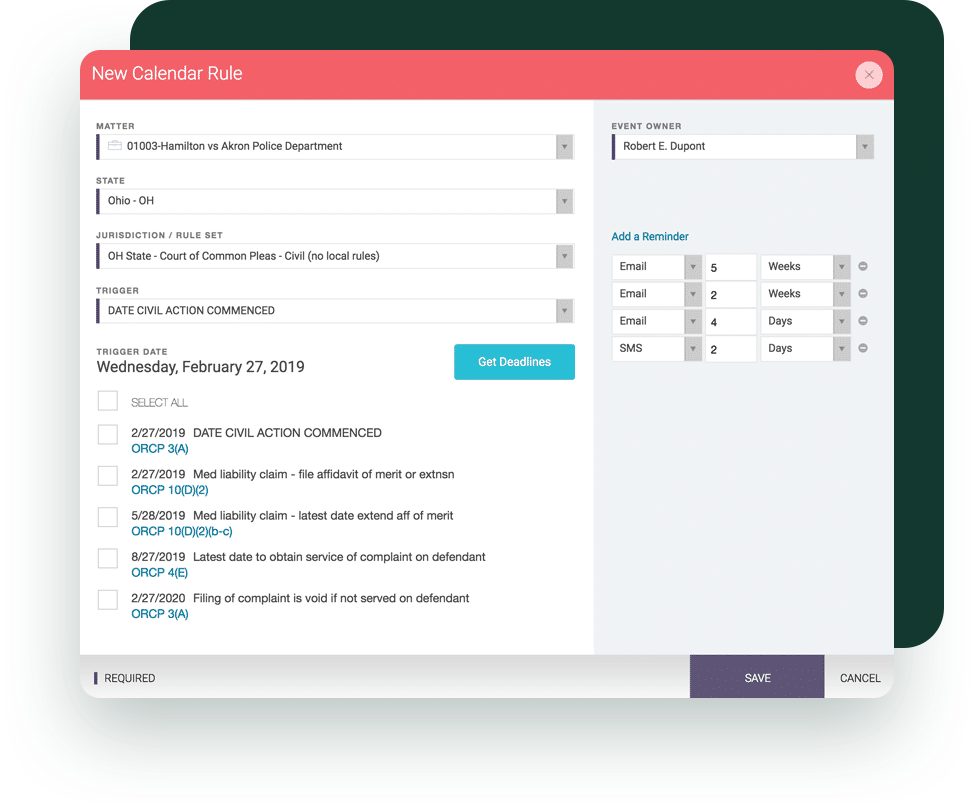 Calendar rules in CARET Legal