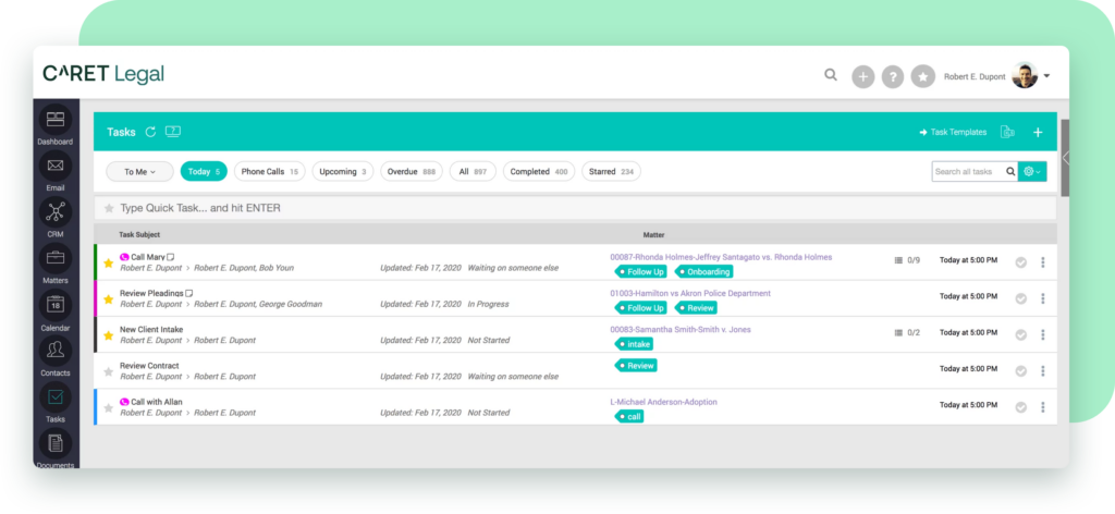 Task management interface in CARET Legal