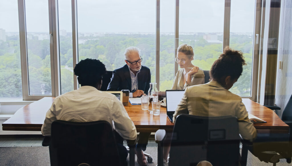 Business professionals in meeting using workflow software
