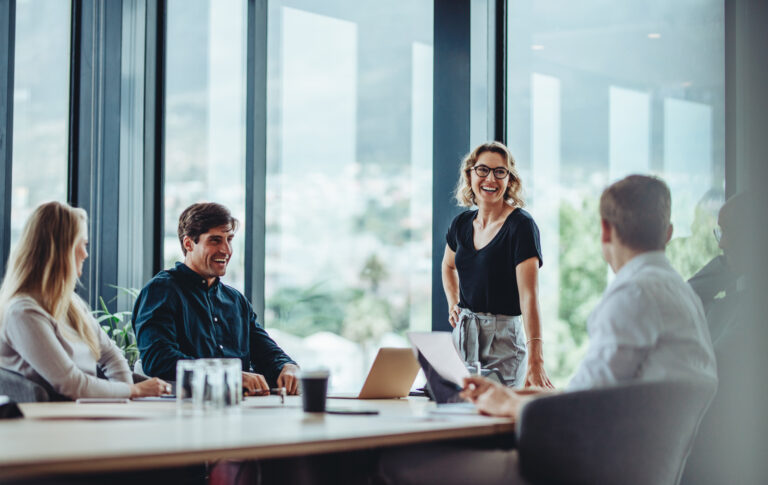 Business professionals communicating in an office setting