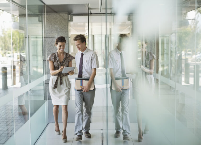 Lawyers walking down a hallway