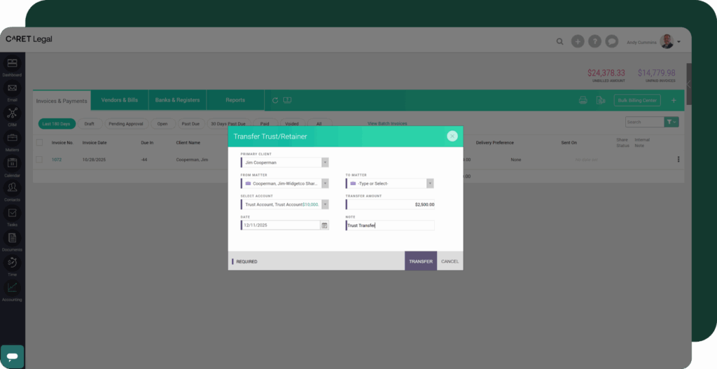 CARET Legal Trust Transfer and Retainer tool