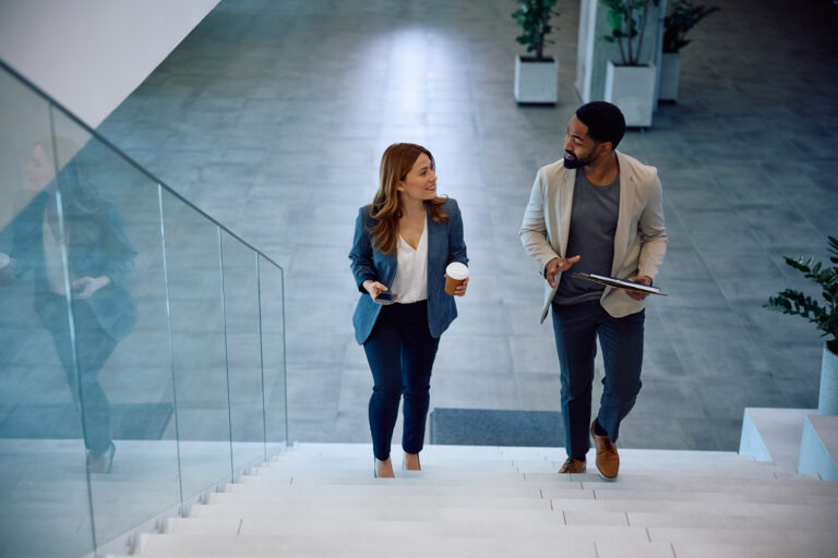 Two professional colleagues walking on steps